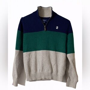 IZOD Boys Quarter Zip Sweater Colorblock Blue Green Gray Size L (10/12)